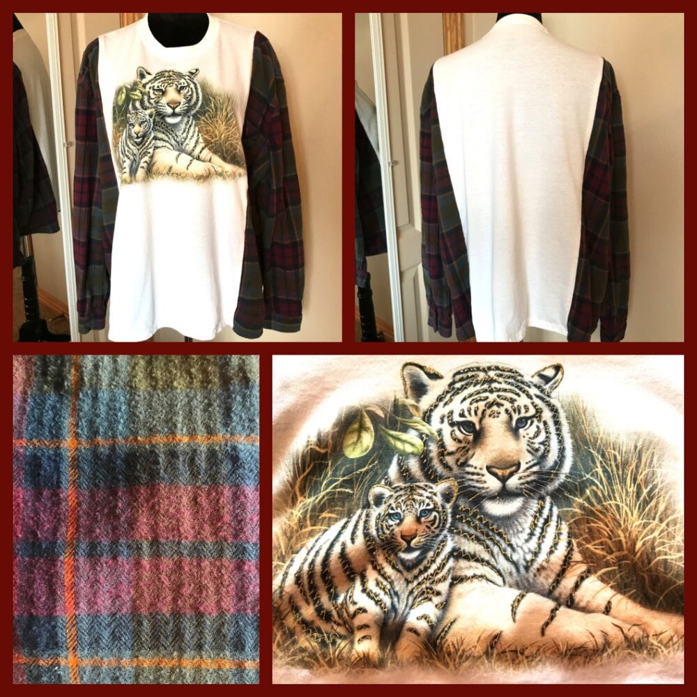 Upcycled Oversized Graphic Tee, Tiger Print Flannel Sleeves Plus Size L-2XL - Picture 11 of 11